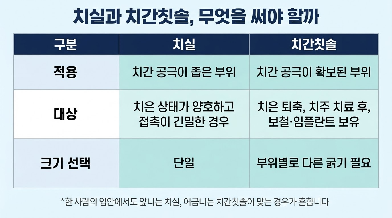 치실과 치간칫솔이 필요한 부분 구분하기