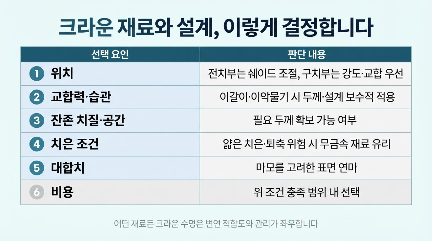 지르코니아 vs PFM 크라운 — 구조 차이와 선택 기준